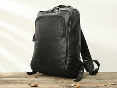 Black Fashion Mens Leather 15-inch Business Computer Backpacks Laptop Backpacks Black College Backpack for men - iwalletsmen