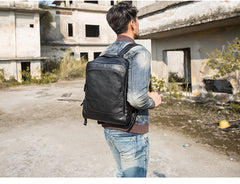 Black Fashion Mens Leather 15-inch Business Computer Backpacks Laptop Backpacks Black College Backpack for men - iwalletsmen