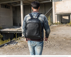 Black Fashion Mens Leather 15-inch Business Computer Backpacks Laptop Backpacks Black College Backpack for men - iwalletsmen