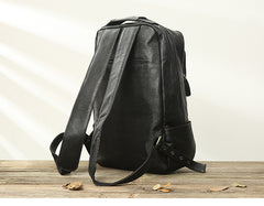 Black Fashion Mens Leather 15-inch Business Computer Backpacks Laptop Backpacks Black College Backpack for men - iwalletsmen