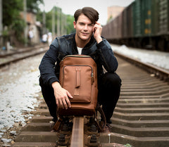 Black Fashion Mens Leather 15-inch Computer Barrel Backpack Brown Travel Bucket Backpacks School Backpacks for men - iwalletsmen