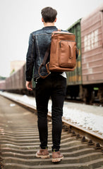Black Fashion Mens Leather 15-inch Computer Barrel Backpack Brown Travel Bucket Backpacks School Backpacks for men - iwalletsmen