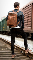 Black Fashion Mens Leather 15-inch Computer Barrel Backpack Brown Travel Bucket Backpacks School Backpacks for men - iwalletsmen