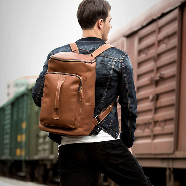 Black Fashion Mens Leather 15-inch Computer Barrel Backpack Brown Travel Bucket Backpacks School Backpacks for men - iwalletsmen