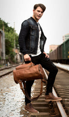 Black Fashion Mens Leather 15-inch Computer Barrel Backpack Brown Travel Bucket Backpacks School Backpacks for men - iwalletsmen