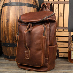 Black Fashion Mens Leather 15-inch Computer Barrel Backpack Brown Travel Bucket Backpacks School Backpacks for men - iwalletsmen