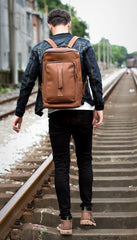 Black Fashion Mens Leather 15-inch Computer Barrel Backpack Brown Travel Bucket Backpacks School Backpacks for men - iwalletsmen