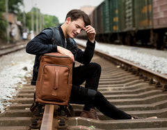 Black Fashion Mens Leather 15-inch Computer Barrel Backpack Brown Travel Bucket Backpacks School Backpacks for men - iwalletsmen