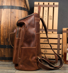 Black Fashion Mens Leather 15-inch Computer Barrel Backpack Brown Travel Bucket Backpacks School Backpacks for men - iwalletsmen