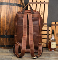 Black Fashion Mens Leather 15-inch Computer Barrel Backpack Brown Travel Bucket Backpacks School Backpacks for men - iwalletsmen