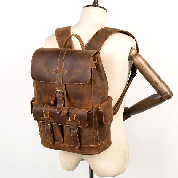 Vintage Brown Fashion Mens Leather 15-inch Computer Backpacks Brown Travel Backpacks School Backpacks for men - iwalletsmen