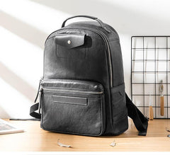 Black Fashion Mens Leather 15-inch Computer Backpacks Travel Backpacks Black College Backpack for men - iwalletsmen