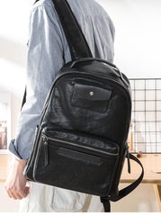 Black Fashion Mens Leather 15-inch Computer Backpacks Travel Backpacks Black College Backpack for men - iwalletsmen