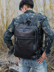 Black Fashion Mens Leather 15-inch Large Business Computer Backpacks Travel Backpacks Black College Backpack for men - iwalletsmen