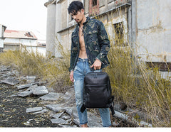 Black Fashion Mens Leather 15-inch Large Business Computer Backpacks Travel Backpacks Black College Backpack for men - iwalletsmen