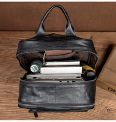 Fashion Black Mens Leather 15-inches Computer Backpack Black Travel Backpacks School Backpacks for men - iwalletsmen