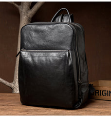 Fashion Black Mens Leather 15-inches Computer Backpack Black Travel Backpacks School Backpacks for men - iwalletsmen