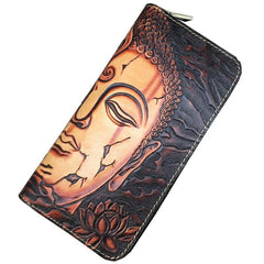 Black Handmade Buddha Leather Long Wallet Zipper Wallet Clutch Wallet For Men - iwalletsmen