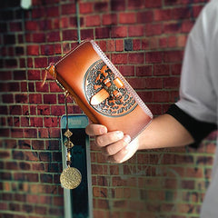 Brown Handmade Tibet Tooled Leather Long Biker Wallet Black Chain Wallet Clutch Wallet For Men - iwalletsmen