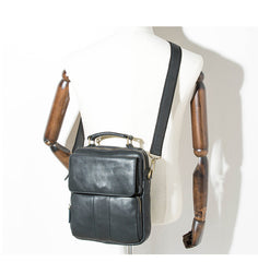 Black Leather Mens Vertical Small Briefcase Work Handbag Side Bag Business Shoulder Bag for Men - iwalletsmen