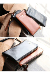 Black Leather Mens Long Wallet Zipper Clutch Wallet Brown Wristlet Long Wallet For Men - iwalletsmen
