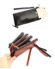 Black Leather Mens Long Wallet Zipper Clutch Wallet Brown Wristlet Long Wallet For Men - iwalletsmen