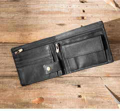 Handmade Black Leather Mens Small Wallet Bifold Card Wallet Front Pocket Wallet billfold Wallet for Men - iwalletsmen
