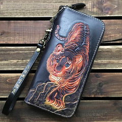 Black Handmade Tooled Tiger Leather Long Biker Wallet Chain Wallet Clutch Wallet For Men - iwalletsmen