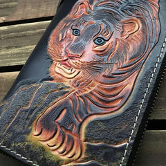 Black Handmade Tooled Tiger Leather Long Biker Wallet Chain Wallet Clutch Wallet For Men - iwalletsmen