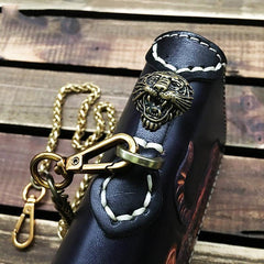 Black Handmade Tooled Tiger Leather Long Biker Wallet Chain Wallet Clutch Wallet For Men - iwalletsmen