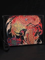 Black Handmade Tooled Leather Chinese Dragon Clutch Wallets Wristlet Bag Clutch Purse For Men - iwalletsmen