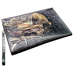 Black Handmade Tooled Leather Chinese Dragon Clutch Wallets Wristlet Bag Clutch Purse For Men - iwalletsmen