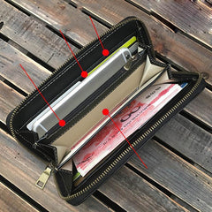 Black Handmade Tooled Leather Double Carp Clutch Long Wallet Zipper Wallet For Men - iwalletsmen