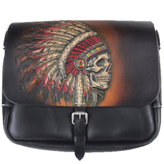 Handmade Black Tooled Indian Chief Skull Leather Courier Bag Messenger Bag For Men - iwalletsmen