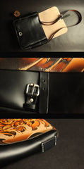 Handmade Black Tooled Chinese Lion Leather Courier Bag Messenger Bag For Men - iwalletsmen