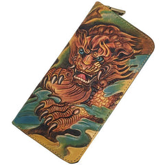 Black Handmade Tooled Tang Lion Leather Long Wallet Zipper Wallet Clutch Wallet For Men - iwalletsmen