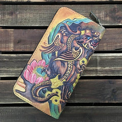 Black Handmade Tooled Tang Lion Leather Long Wallet Zipper Wallet Clutch Wallet For Men - iwalletsmen