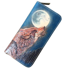 Blue Handmade Tooled Wolf Leather Long Wallet Zipper Wallet Clutch Wallet For Men - iwalletsmen
