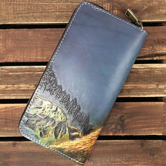 Blue Handmade Tooled Wolf Leather Long Wallet Zipper Wallet Clutch Wallet For Men - iwalletsmen