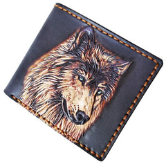 Handmade Wolf Black Tooled Leather billfold Wallet Small Wallet Cool Wallet For Men - iwalletsmen