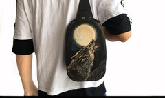 Black Handmade Tooled Leather Sling Bag Chest Bag Wolf One Shoulder Backpack For Men - iwalletsmen