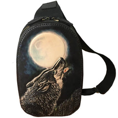 Black Handmade Tooled Leather Sling Bag Chest Bag Wolf One Shoulder Backpack For Men - iwalletsmen