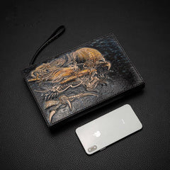 Black Handmade Tooled Leather Chinese Dragon Clutch Wallet Wristlet Bag Clutch Purse For Men - iwalletsmen