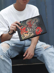 Black Handmade Tooled Leather Carp Chinese Dragon Clutch Wallet Wristlet Bag Clutch Purse For Men - iwalletsmen