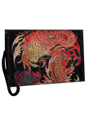 Black Handmade Tooled Leather Mahākāla Clutch Wallet Wristlet Bag Clutch Purse For Men - iwalletsmen