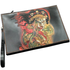 Black Handmade Tooled Leather Mahākāla Clutch Wallet Wristlet Bag Clutch Purse For Men - iwalletsmen