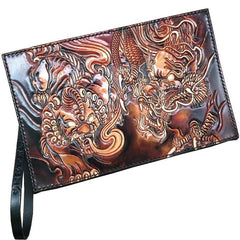 Black Handmade Tooled Leather Lion Chinese Dragon Clutch Wallet Wristlet Bag Clutch Purse For Men - iwalletsmen