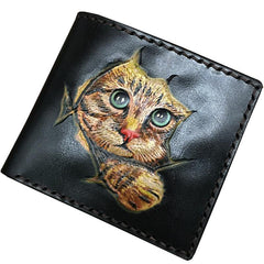 Handmade Black Tooled Leather Kitten Wolf Bifold billfold Wallet Small Wallet For Men - iwalletsmen