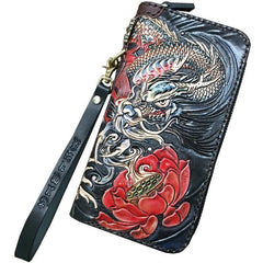 Black Handmade Chinese Dragon Tooled Leather Long Biker Wallet Chain Wallet Clutch Wallet For Men - iwalletsmen