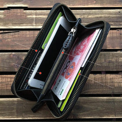 Black Handmade Tooled Chinese Dragon Leather Long Biker Wallet Chain Wallet Clutch Wallet For Men - iwalletsmen